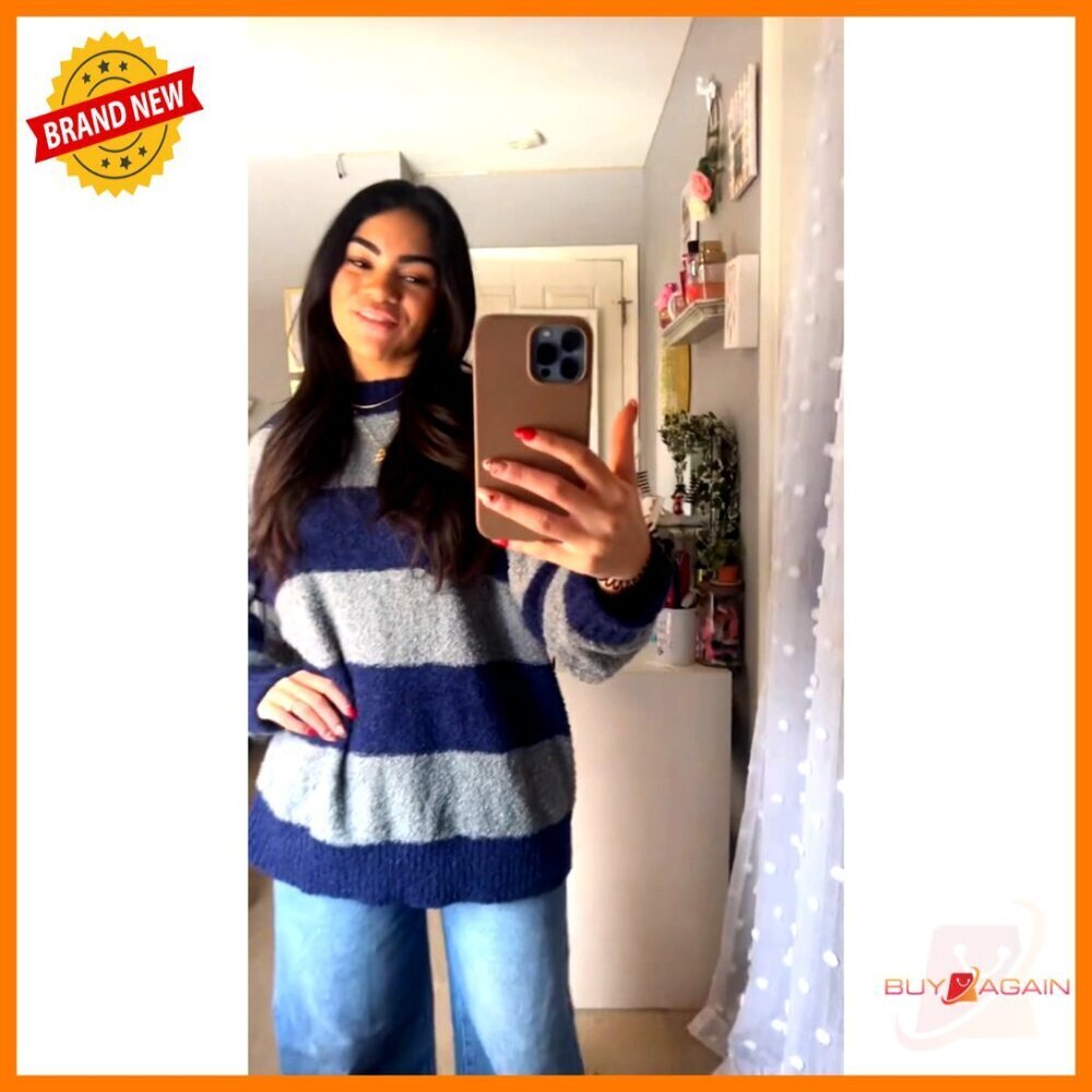 Oversized Striped Pullover Sweater Knit Crewneck Long Sleeve Fall Fashion - Picture 6 of 7